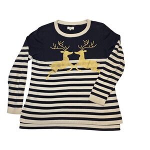 Crown & Ivy Petite Sweater Navy Blue Gold Reindeer Christmas Holiday Striped